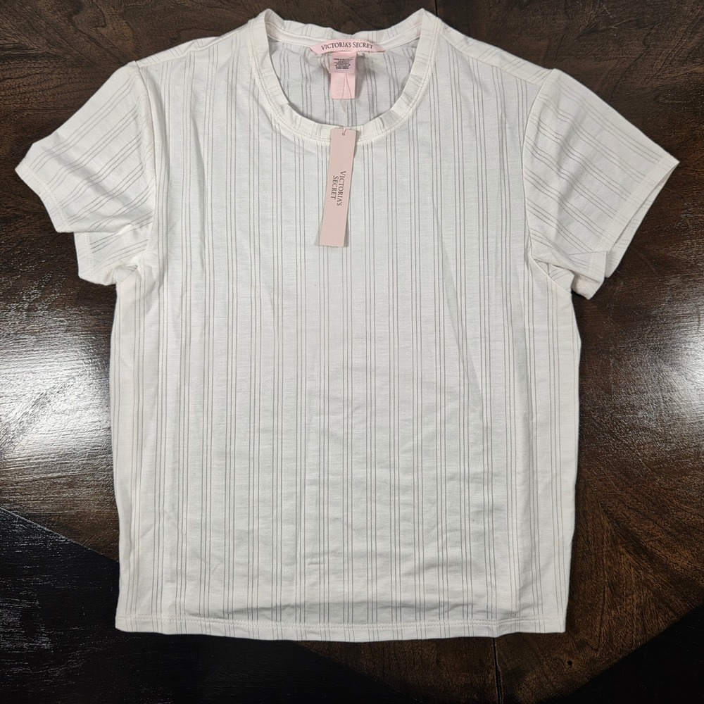 NWT Victoria's Secret White Ribbed Short Sleeve T-Shirt Womens Small Ribbed Knit